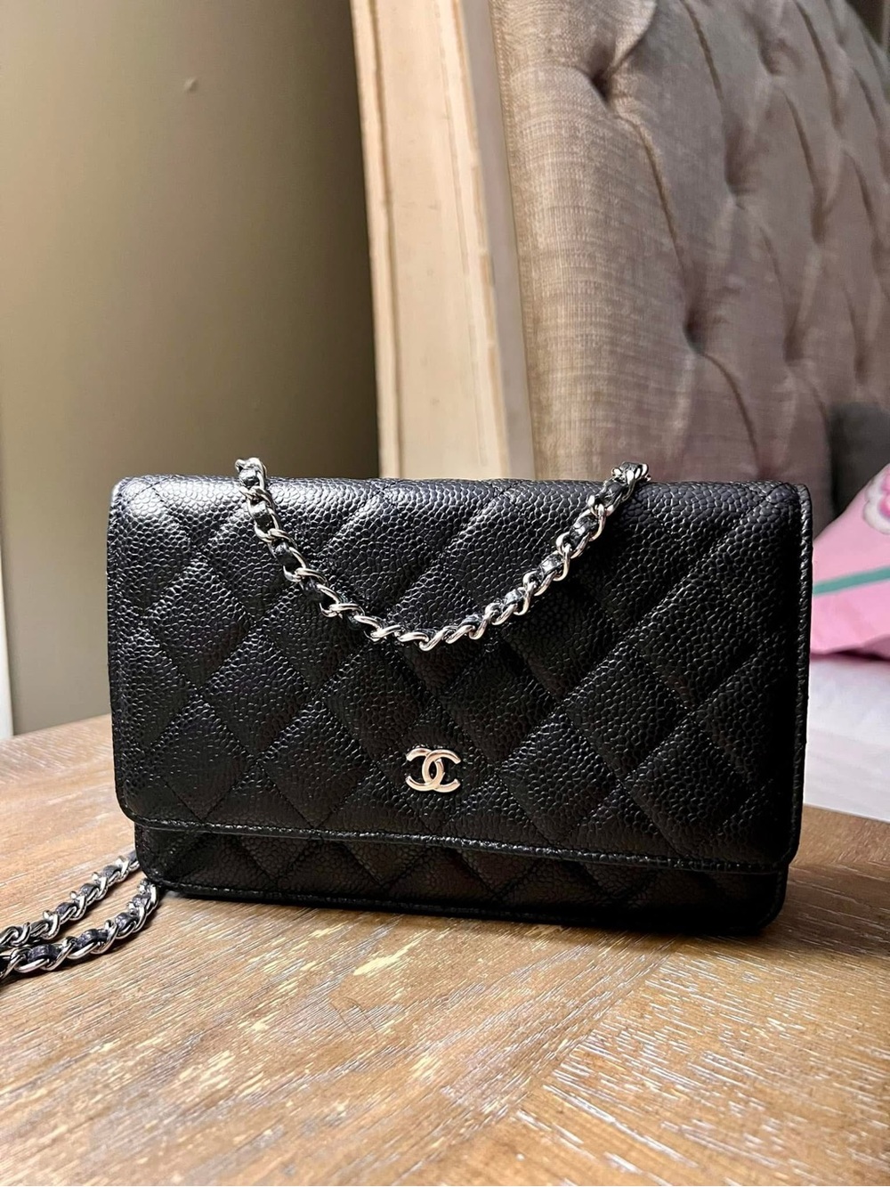 CHANEL Black Quilted Leather Caviar Chain WOC